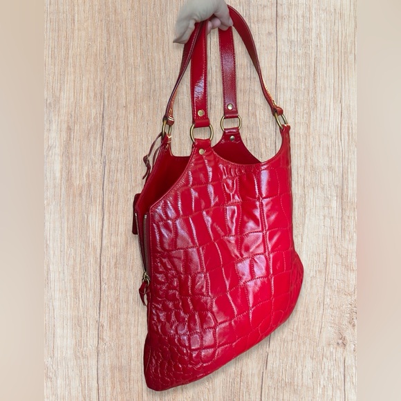 Vintage YSL Yves Saint Laurent Red Crocodile Patent Leather Tribute Tote Bag - Picture 8 of 9